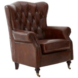 Orsina Brown Leather Scroll Armchair, Lounge Chair With Quilted Backrest, Walnut Wooden Chair With Stud Details - thumbnail 6