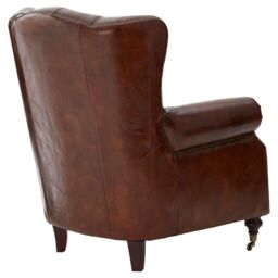 Orsina Brown Leather Scroll Armchair, Lounge Chair With Quilted Backrest, Walnut Wooden Chair With Stud Details - thumbnail 5