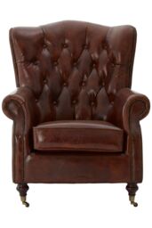 Orsina Brown Leather Scroll Armchair, Lounge Chair With Quilted Backrest, Walnut Wooden Chair With Stud Details - thumbnail 3
