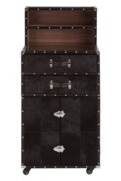 Orsina Exquisite Design Drinks Cabinet, Genuine Leather Drinks Storage Cabinet, Robust Iron Base Wooden Cabinet in Black - thumbnail 1