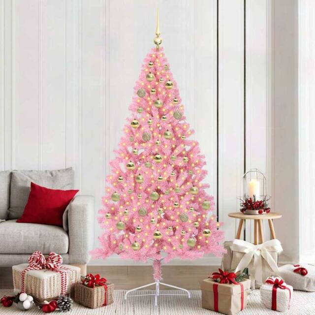 Berkfield Home Artificial Pre-lit Christmas Tree with 300 LEDs Pink 210 cm PVC - image 1