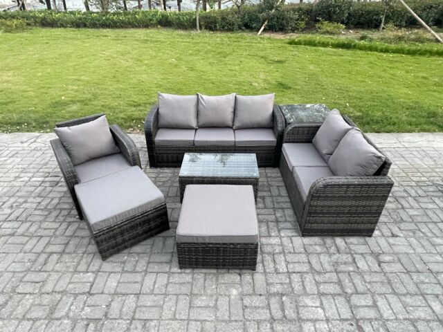 Fimous Outdoor Garden Furniture Sets 7 Pieces Wicker Rattan Furniture Sofa Sets w/ Rectangular Coffee Table Loveseat Sofa 2 Big Footstool Side Table - image 1