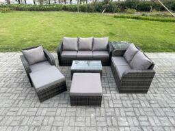 Fimous Outdoor Garden Furniture Sets 7 Pieces Wicker Rattan Furniture Sofa Sets w/ Rectangular Coffee Table Loveseat Sofa 2 Big Footstool Side Table - thumbnail 1