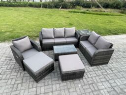 Fimous Outdoor Garden Furniture Sets 7 Pieces Wicker Rattan Furniture Sofa Sets w/ Rectangular Coffee Table Loveseat Sofa 2 Big Footstool Side Table - thumbnail 2