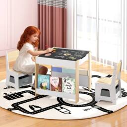 Costway Kids Table & 2 Chairs Set Wooden Activity Desk Set w/ Shelves - thumbnail 6