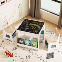 Costway Kids Table & 2 Chairs Set Wooden Activity Desk Set w/ Shelves