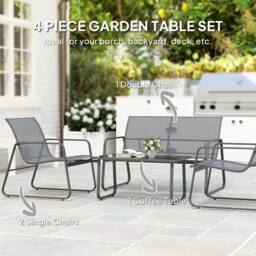 OUTSUNNY 4 Piece Garden Furniture Set Patio Sofa Set w/ Chairs, Glass Top Table in Light Grey - thumbnail 4