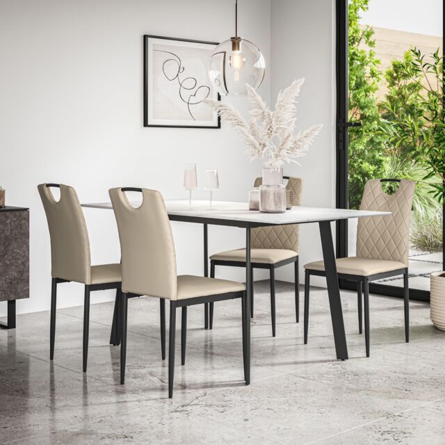 More4Homes Haydon Extending Dining Table & Chairs- White Marble Effect Table Top w Black Legs + Monza Faux Leather Dining Chair Set Of 4 in Beige - image 1