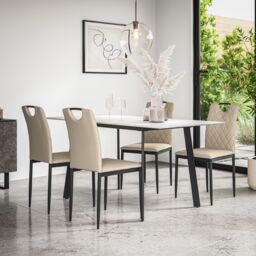 More4Homes Haydon Extending Dining Table & Chairs- White Marble Effect Table Top w Black Legs + Monza Faux Leather Dining Chair Set Of 4 in Beige