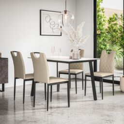 More4Homes Haydon Extending Dining Table & Chairs- White Marble Effect Table Top w Black Legs + Monza Faux Leather Dining Chair Set Of 4 in Beige - thumbnail 2