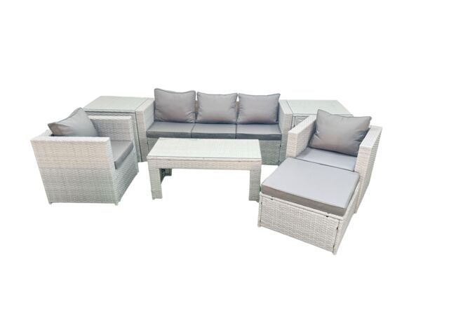Fimous Rattan Garden Furniture Set 7 Pieces Outdoor Garden Sofa Oblong Coffee Table Set with 2 Chairs 2 Side Tabes Stool Light Grey Mixed - image 1