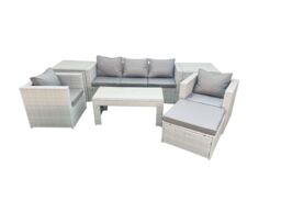 Fimous Rattan Garden Furniture Set 7 Pieces Outdoor Garden Sofa Oblong Coffee Table Set with 2 Chairs 2 Side Tabes Stool Light Grey Mixed - thumbnail 1