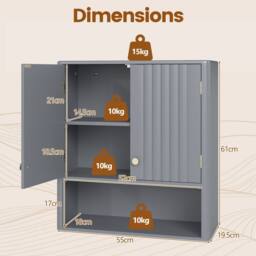 Costway Fluted Bathroom Wall Cabinet Modern Double Door Medicine Cabinet in Grey - thumbnail 2