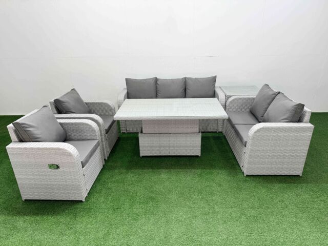 Fimous PE Rattan Garden Furniture Set Reclining Chair Sofa Double Love Seat 2 Seater Sofa Lounge Set Adjustable Lifting Dining or Coffee Table Side - image 1