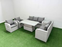Fimous PE Rattan Garden Furniture Set Reclining Chair Sofa Double Love Seat 2 Seater Sofa Lounge Set Adjustable Lifting Dining or Coffee Table Side - thumbnail 2