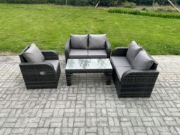 Fimous Patio Garden Furniture Sets Wicker Outdoor Rattan Furniture Sofa Sets with Rectangular Coffee Table Love seat Sofa in Dark Grey - thumbnail 1