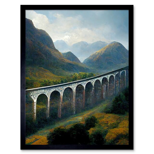 "Artery8 Wall Art Print Glenfinnan Viaduct Scotland Train Journey Art Framed in Black - Size: W12"" x H16""" - image 1