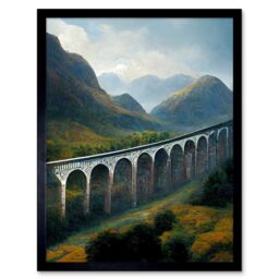 "Artery8 Wall Art Print Glenfinnan Viaduct Scotland Train Journey Art Framed in Black - Size: W12"" x H16""" - thumbnail 1