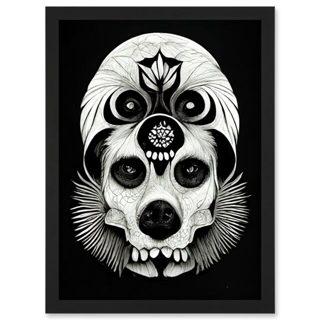 Artery8 Day Of The Dead Dog Skull Head Drawing Halloween Artwork Framed Wall Art Print A4 in Black - image 1