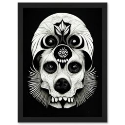 Artery8 Day Of The Dead Dog Skull Head Drawing Halloween Artwork Framed Wall Art Print A4 in Black - thumbnail 1
