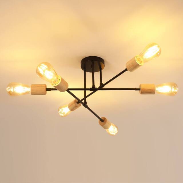 Pheashine Black Metal & Natural Wood 6-Light Sputnik Ceiling Light, E27 Socket - image 1