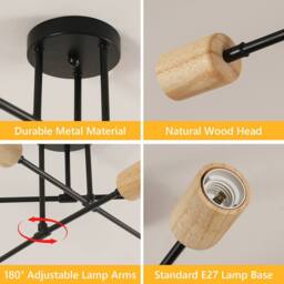 Pheashine Black Metal & Natural Wood 6-Light Sputnik Ceiling Light, E27 Socket - thumbnail 4