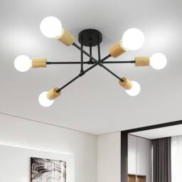 Pheashine Black Metal & Natural Wood 6-Light Sputnik Ceiling Light, E27 Socket - thumbnail 2
