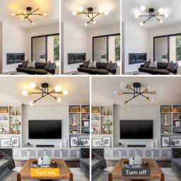 Pheashine Black Metal & Natural Wood 6-Light Sputnik Ceiling Light, E27 Socket - thumbnail 6