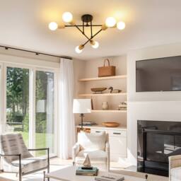 Pheashine Black Metal & Natural Wood 6-Light Sputnik Ceiling Light, E27 Socket - thumbnail 8