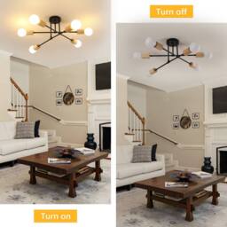 Pheashine Black Metal & Natural Wood 6-Light Sputnik Ceiling Light, E27 Socket - thumbnail 5
