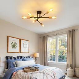 Pheashine Black Metal & Natural Wood 6-Light Sputnik Ceiling Light, E27 Socket - thumbnail 7