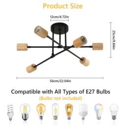 Pheashine Black Metal & Natural Wood 6-Light Sputnik Ceiling Light, E27 Socket - thumbnail 3