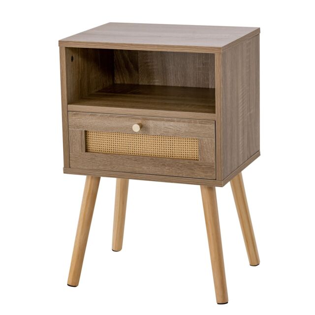 Gymax Rattan Nightstand Boho End Table with Rattan Drawer & Open Shelf in Khaki - image 1
