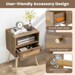 Gymax Rattan Nightstand Boho End Table with Rattan Drawer & Open Shelf in Khaki - thumbnail 6