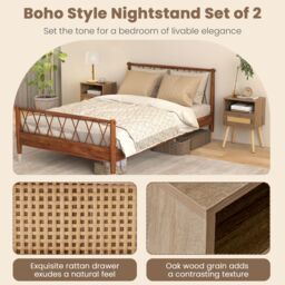 Gymax Rattan Nightstand Boho End Table with Rattan Drawer & Open Shelf in Khaki - thumbnail 9