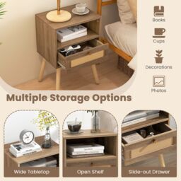 Gymax Rattan Nightstand Boho End Table with Rattan Drawer & Open Shelf in Khaki - thumbnail 8