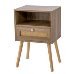 Gymax Rattan Nightstand Boho End Table with Rattan Drawer & Open Shelf in Khaki