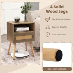 Gymax Rattan Nightstand Boho End Table with Rattan Drawer & Open Shelf in Khaki - thumbnail 7