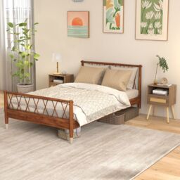Gymax Rattan Nightstand Boho End Table with Rattan Drawer & Open Shelf in Khaki - thumbnail 4