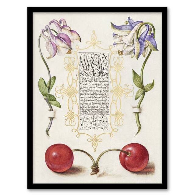 Artery8 Columbines & Sweet Cherries Calligraphy Framed Wall Art Print in White - Size: A4 - image 1