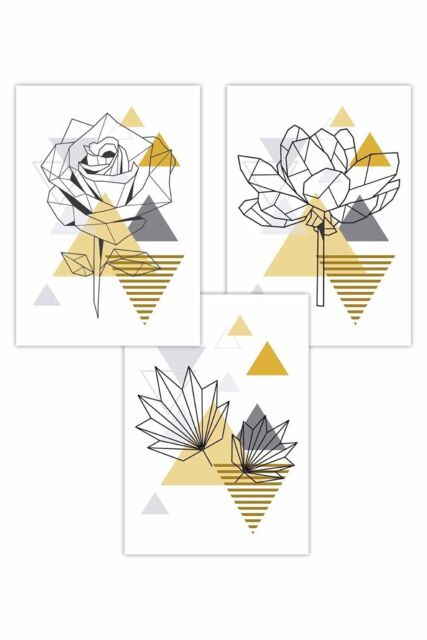 ARTZE Set of 3 Geometric Line Art Peony Rose Yellow Set Art Posters - Size: W42 cm x H59 cm - image 1