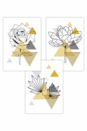 ARTZE Set of 3 Geometric Line Art Peony Rose Yellow Set Art Posters - Size: W42 cm x H59 cm - thumbnail 1