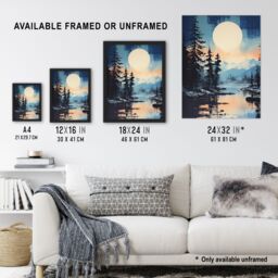Artery8 Wall Art Print Magical Forest Lake Sunrise in Blue & Orange Framed - Size: A4 - thumbnail 3