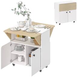 HOMCOM Folding Dining Table, Rolling Drop Leaf Table with Hidden Shelf in White - thumbnail 2