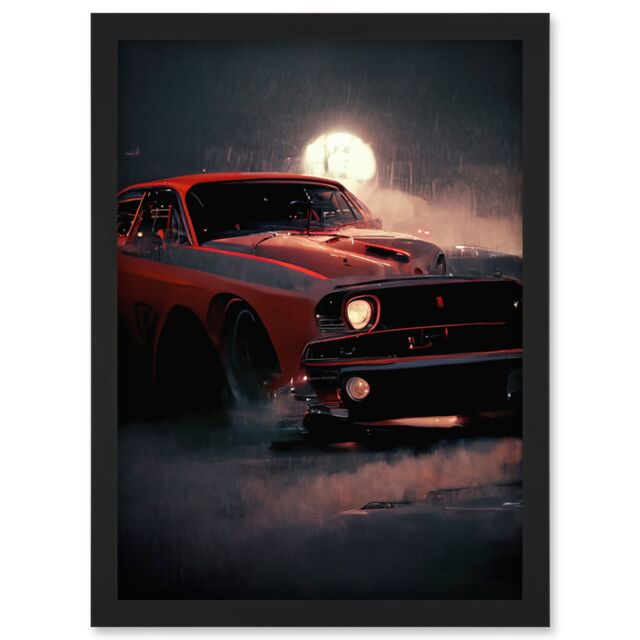 Artery8 Classic Red Sports Muscle Car On A Rainy Atmospheric Night Artwork Framed Wall Art Print A4 in Black - image 1