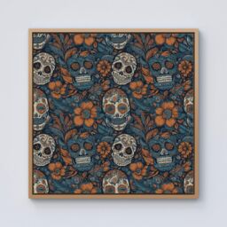 Warren Reed - Designer Dia De Los Muertos Skulls Pattern Framed Canvas in Light Brown - Size: w40 inch x h40 inch - thumbnail 1