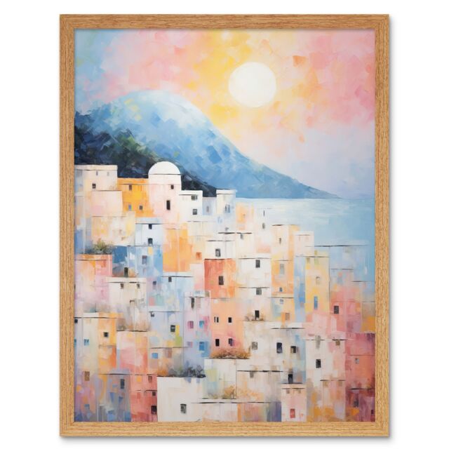 Artery8 Wall Art Print Santorini Whitewashed Buildings Pastel Colour Oil Painting Orange Pink Blue Sunrise Fira Coastal City Art Framed - image 1