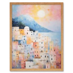 Artery8 Wall Art Print Santorini Whitewashed Buildings Pastel Colour Oil Painting Orange Pink Blue Sunrise Fira Coastal City Art Framed - thumbnail 1