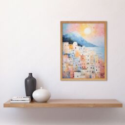 Artery8 Wall Art Print Santorini Whitewashed Buildings Pastel Colour Oil Painting Orange Pink Blue Sunrise Fira Coastal City Art Framed - thumbnail 2