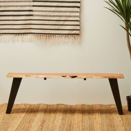 Orsina Acacia Wood Outdoor Seating Bench, Wood Top Outdoor Bench for Picnic, Dining, Sitting, Iron Base in Brown
